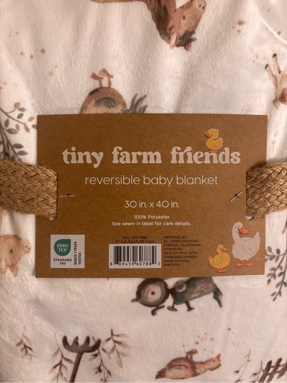 tiny farm friends Reversible Baby Blanket - White with Brown Animal Prints